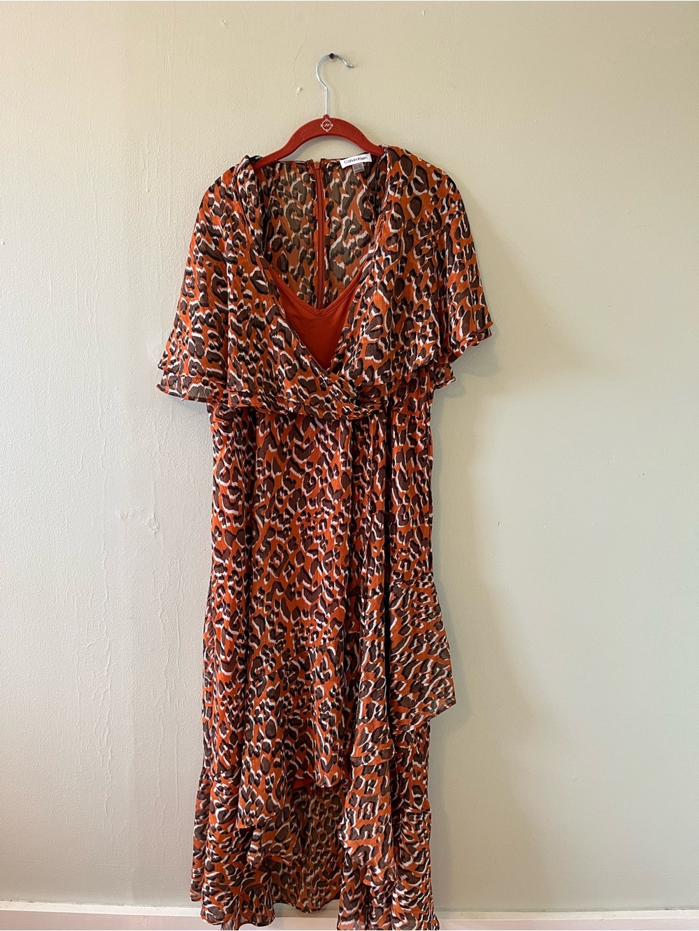 Calvin Klein Rust Leopard-Print High-Low Dress Boho-glam, modern retro,